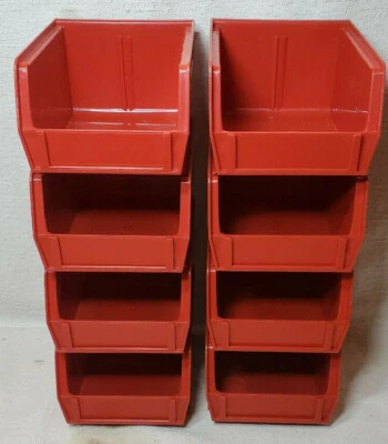 8 PCS QUANTUM 5" x 4" x 3" RED SMALL PLASTIC STACK & HANG BIN BOX PART BINS - Image 1 of 4