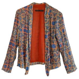 Zara Basic SZ L Blue Orange Yellow Sequin Lined Geometric Long Sleeve Mod Jacket - Picture 1 of 8