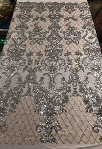 White Silver Gold 4way Stretch Sequins Fabric 50” Width Sold By The Yard - Picture 1 of 9