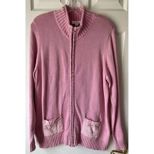 Quacker Factory Sweater Womens Large Cardigan Rhinestone Patchwork Pockets Pink - Picture 1 of 11