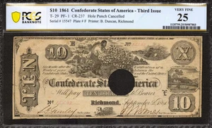 1861 $10 CONFEDERATE STATES OF AMERICA NOTE T-29 THIRD ISSUE PCGS 25 VF (803) - Picture 1 of 2