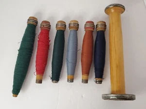 Industrial Wood Textile Mill Spools Bobbins Spindles w/Thread Primitive Vintage - Picture 1 of 7