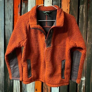 Vintage LL Bean Jacket Deep Pile Fleece Zip Up Orange Gray Trim Youth 6X/7 - Picture 1 of 14