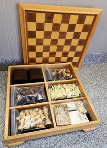 Levenger Old-Style Game Box Wooden Chess Dominoes Backgammon 1998 Complete - Picture 1 of 11