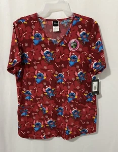 Scrubstar Women's Disney Stitch Scrub Top V-Neck Candy Canes Ultra Soft Medium - Picture 1 of 8