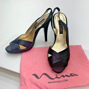 NINA Black Satin High Heel Shoes - Open Toe - Strappy Slingback - Picture 1 of 7