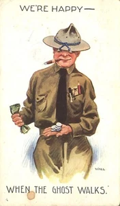 Tarjeta postal cómica Bernhardt Wall Soldado del ejército de la Primera Guerra Mundial We're Happy When the Ghost Walks - Imagen 1 de 2