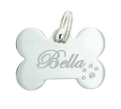 Custom Engraved Personalized Bone Stainless Steel Pet Paw Diamante Dog ID Tag - Image 1 of 3