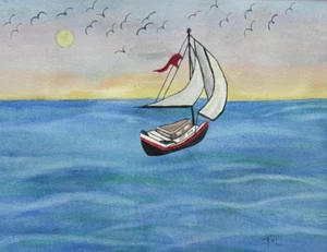 PAINTING WATERCOLOR ORIGINAL SUNSET OCEAN SAILBOAT SEA LANDSCAPE 11X14 MAT 16X20 - Picture 1 of 2