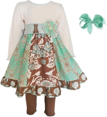 Ann Loren BNWT Girl’s Autumn Outfit Mint Green Floral & Birds Dress Size 9-10 - Image 1 of 4