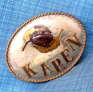 Karen Belt Buckle Custom Name Western Wood Inlay Petrified Wood Vtg 80s .NOX025 - Picture 1 of 12