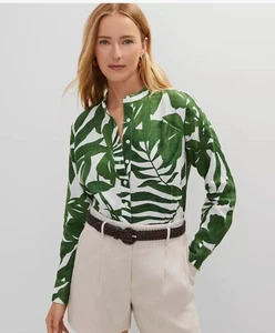Ann Taylor Women's Leafy-Green/White 100% Linen Button-Up Shirt L - Picture 1 of 6