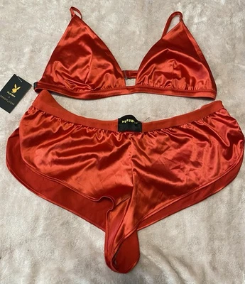 Playboy Red 1X Satin 2 Piece  Boy Short Style Panty+bra Set NWT - Image 1 of 4