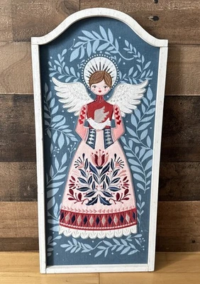 "Apliques de arte popular de inspiración escandinava rosa azul ángel con marco de madera pared 20""x9""" Foto 1 de 4