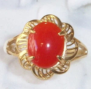 (Size 7) 2g Hawaiian Jewelry Red Coral Scroll 14K Solid Yellow Gold Ring Hawaii - Picture 1 of 4