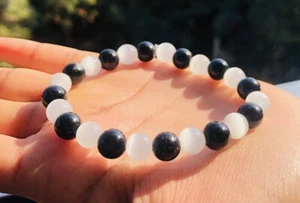 Selenit Turmalin 7 mm Perlen rund Armband Modeschmuck Kristall Geschenk - Bild 1 von 4