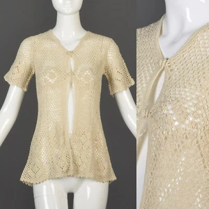 Small 1970s Crochet Top Knit Cardigan Boho Hippie Cottagecore Fairycore Sweater - Picture 1 of 12