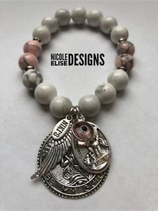 White Howlite/Pink St Christopher Guardian Angel, Wing & Pink Evil Eye - Picture 1 of 8