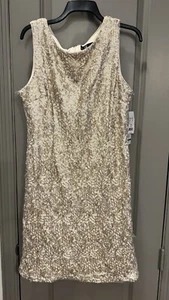 Abito tubino senza maniche Leslie Fay avorio oro paillettes 16 nuovo con etichetta - Foto 1 di 10