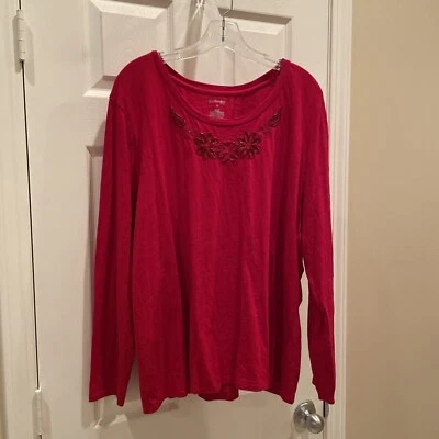 Camiseta St. John's Bay feminina linda vermelha manga longa gola redonda algodão tamanho 3XL - Imagem 1 de 3