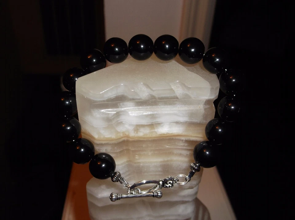 PULSERA HOMBRE HECHA A MANO 9" 12 MM ÁGATA NEGRA ÓNIX CUENTAS Foto 1 de 4