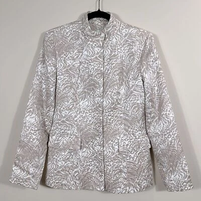 Neiman Marcus Silk Blend Jacket Blazer Animal Print Taupe Cream White Military 6 - Image 1 of 4