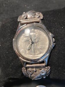 Signed Sterling Silver Navaho Band With a 1935 Silver Half Dollar Coin Watch