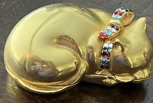 JUDITH LEIBER RESTING GOLDEN CAT SWAROVSKI CRYSTAL Pill | Ring Box 