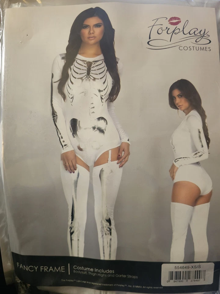 Sexy Skeleton Bodysuit Adult Halloween Costume w/ Thigh Highs & Garter Straps - Image 1 of 4