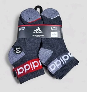 ADIDAS Boys Socks 1/4 Crew Cushioned Aeroready Kids 6 Pair Shoe Size 13C-4Y - Picture 1 of 4