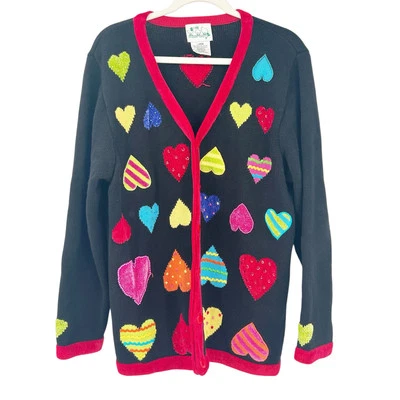 Quacker Factory Womens Vintage Valentines Day Novelty Hearts Cardigan Sweater L - Image 1 of 4