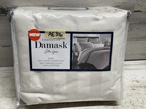 Charter Club Damask Stripe 550 TC King 3pc Duvet Set Ivory New - Afbeelding 1 van 5