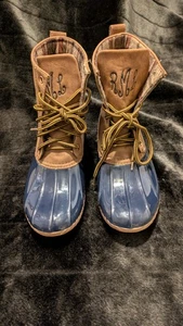 Monograma Mujer Pato Bota Impermeable Color Cordones Marrón Azul Marino Rainboot, Talla 8 - Imagen 1 de 7