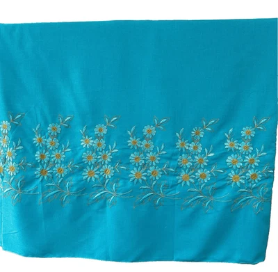 Vtg 60s Single Border Turquoise Blue Embroidered Daisy Fabric Curtain Dress 2yd - Image 1 of 4