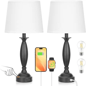 White Lamps for Bedrooms Set of 2 - Touch Control Bedside Lamp with USB C+A, 3 W - Picture 1 of 6