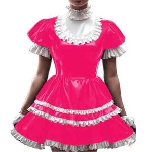 New Sissy French Maid Costume Shiny PVC Puff Sleeve Lolita Uniform Anime Cosplay - Picture 1 of 15