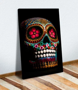 CANDY SKULL BLACK CANVAS WALL ART ARTWORK 30MM DEEP FRAMED PRINT - Picture 1 of 3