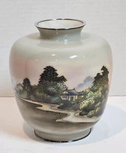 ANDO JUBEI Marked JAPANESE  Cloisonne VASE Scenic Stream House Trees - Picture 1 of 17