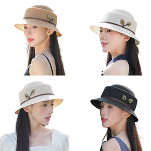 Elegant Womens Straw Hats Wide Brim Bucket Hat Sun Protection Sun Hat Travel - Picture 1 of 16