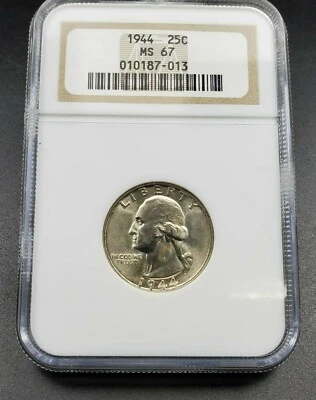 1944 P 25C Washington Quarter WW2 Silver Coin NGC MS67 GEM BU Unc Brown label - Image 1 of 4