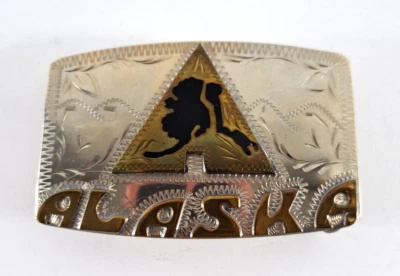 Men's Belt Buckle Alaska Spell Out Silver Bronze Triangle Etched State 3" - Image 1 of 3