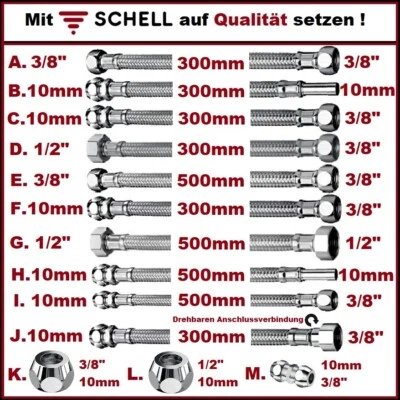 SCHELL 300 500 Panzerschlauch Flexschlauch Sanitärschlauch Edelstahl 1/2" - 3/8"