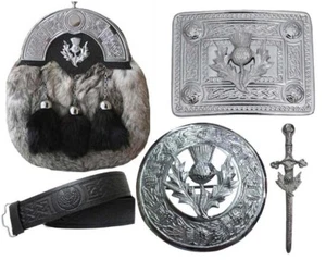 Scozzese Abito Completo Borsa IN Pelo Grigio Coniglio Celtic Fibbia, Spilla 5 Pz - Imagen 1 de 8