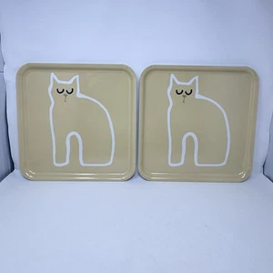 IKEA Square Serving Trays Set of 2 Yellow Abstract Sleepy Cat Kitten 13"x13” - Picture 1 of 5