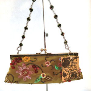  Beautiful Olive Green Satin Pink Red Floral Beaded Evening Purse