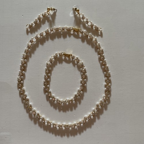 VETEMENTS Vintage Necklace Bracelet Dropped Earrings: G Tone w Faux Pearls Rhinestones