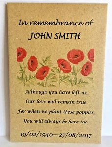100 Personalised Funeral Favours Seed Packets Poppy with Poem and Seeds - Picture 1 of 1