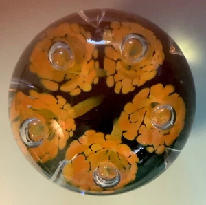 PAPERWEIGHT JOE HAMON Large TRUMPET YELLOW FLOWERS BUBBLES SIGNED 3” Diameter - Picture 1 of 7