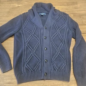 Savile Row London Cardigan Sweater Mens L Blue Cable Knit Heavy Fishermen Chunky - Picture 1 of 18