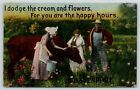 ?Happy Hours? In Davenport Iowa~Farmers Daughters Milk Cow~C1910 Postcard